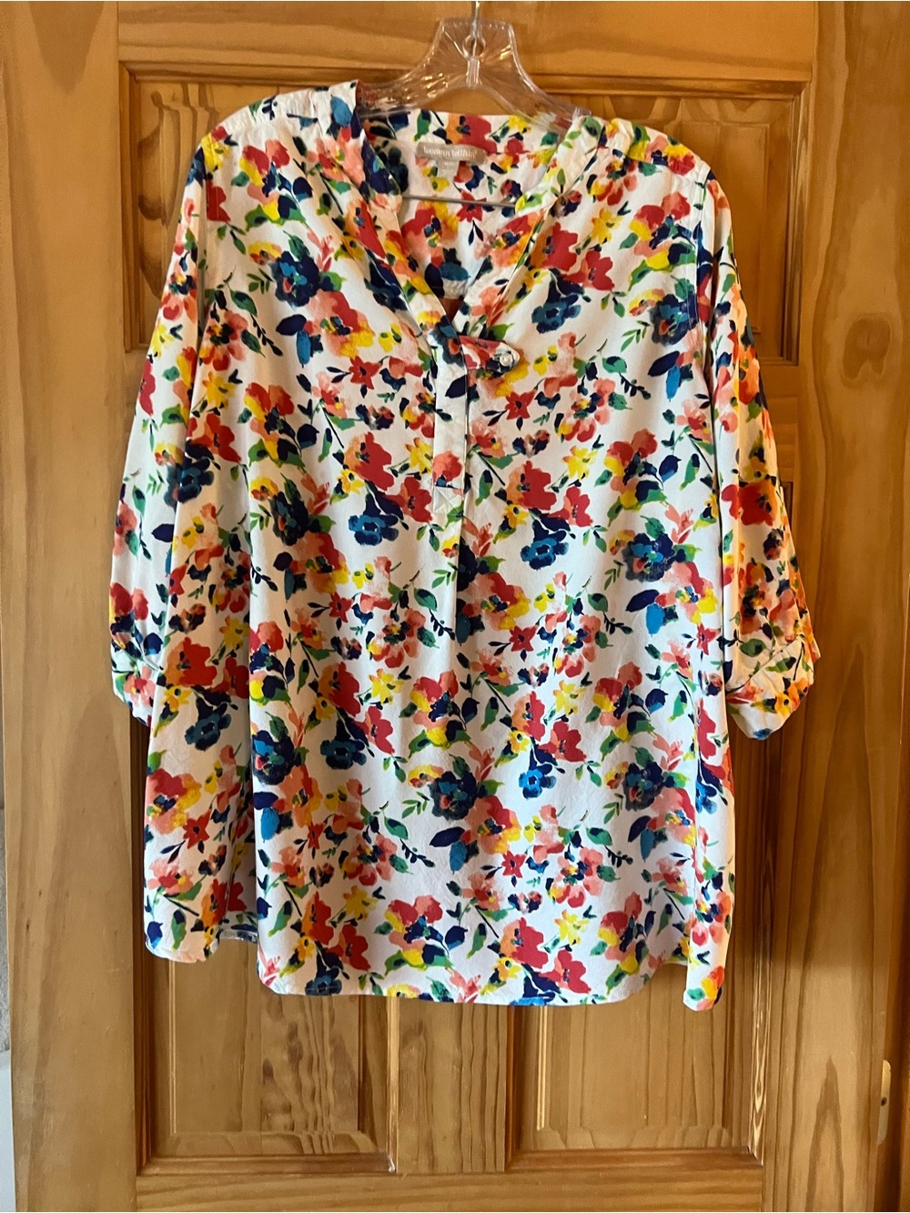 Woman Within White Floral Tunic with Blue, Red & Yellow Bloom Print